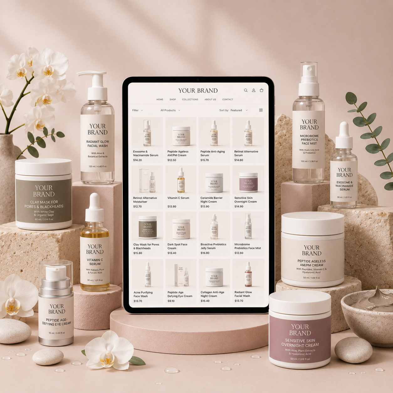An arrangement of supplements and cosmetic products with placeholder 'YOUR BRAND' labels surrounding a tablet.