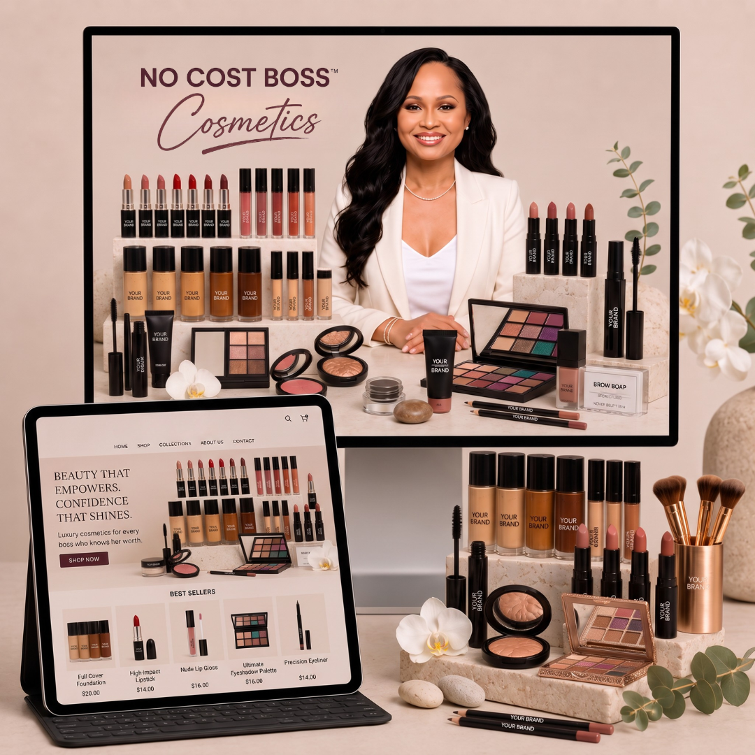 A placeholder image for a wellness brand, showing a website and various supplement products.