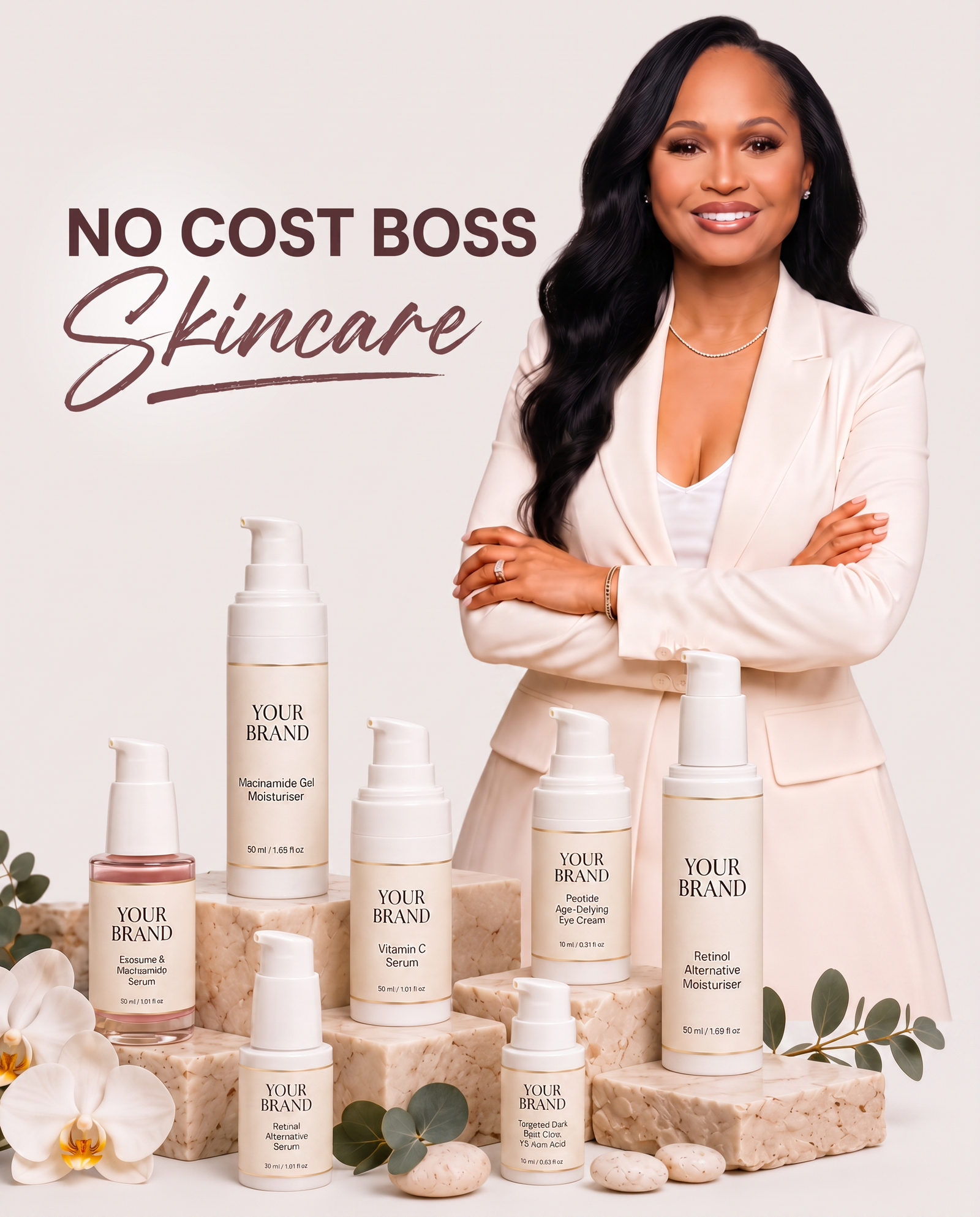 A woman stands behind a collection of wellness products, all with 'Your Brand' placeholder labels.