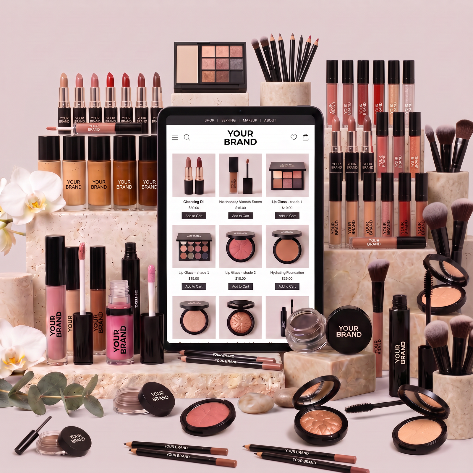 An arrangement of supplements and cosmetic products with placeholder 'YOUR BRAND' labels surrounding a tablet.