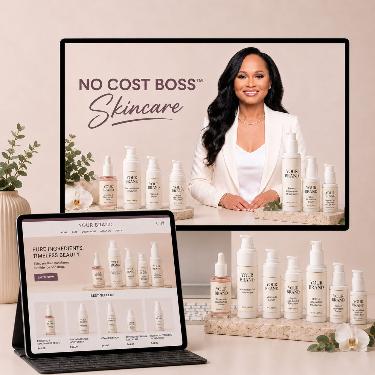 A placeholder image for a wellness brand, showing a website and various supplement products.