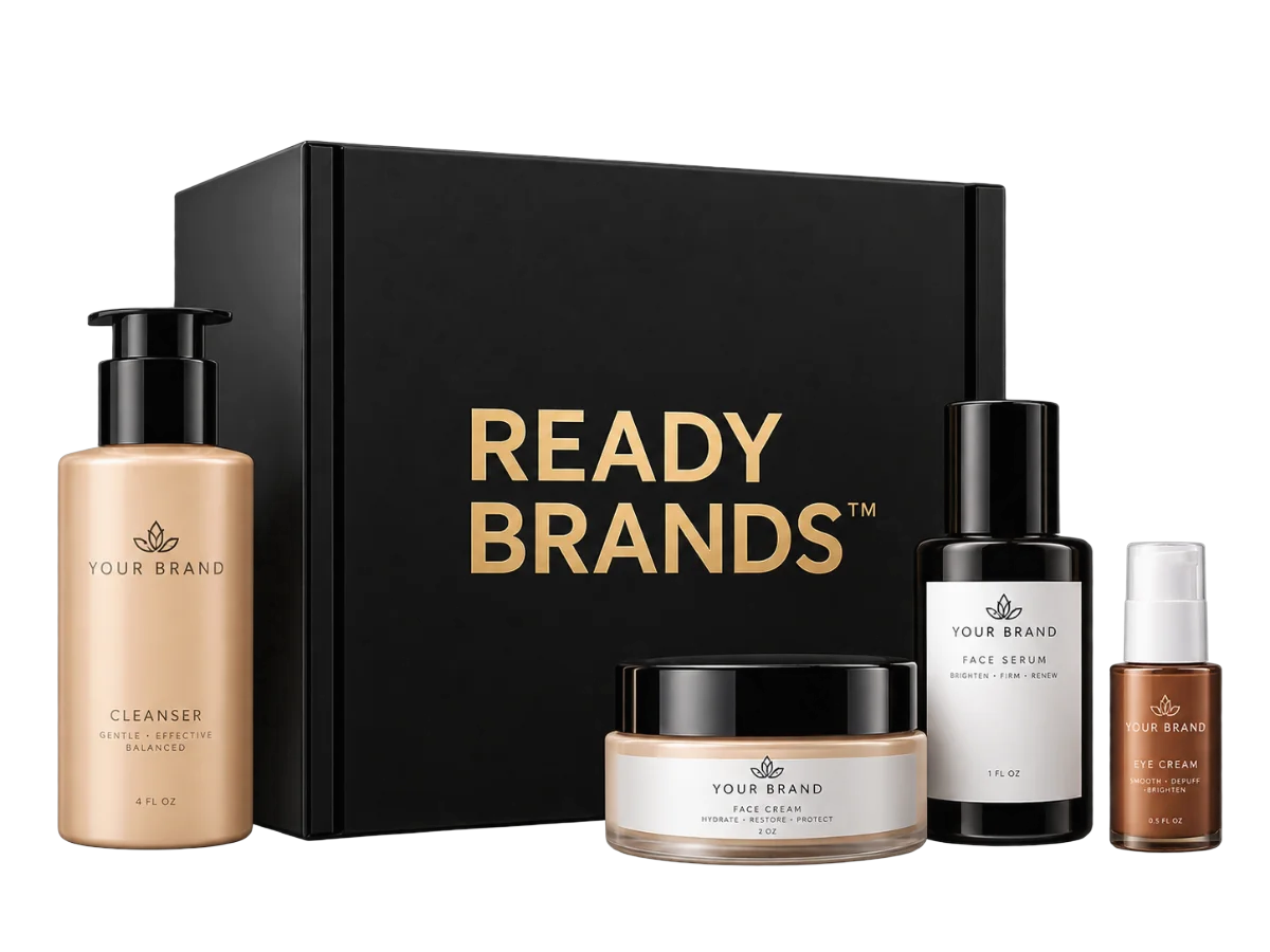 Ready Brands box with a finished private-label skincare range