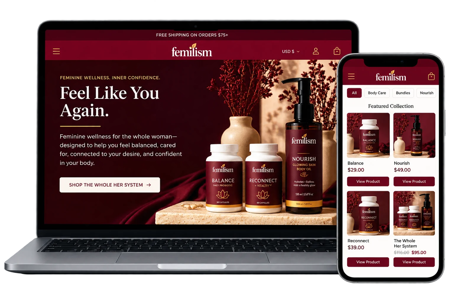 The Femilism storefront shown on a laptop and a phone